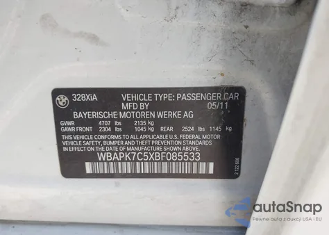 2011 BMW 328I xDrive z USA, uszkodzony, nr VIN WBAPK7C5XBF085533